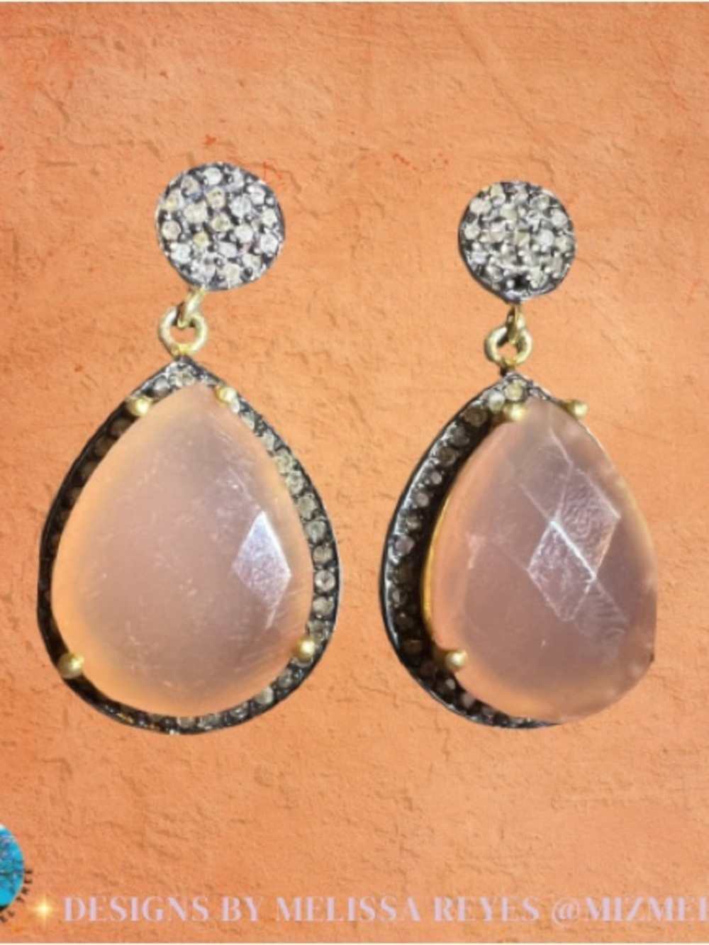 pink onyx teardrop earrings Pave’ Diamond set